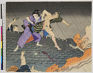 炎上屋根上奮闘する女