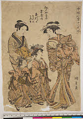 BAMPFA-1919.0439安永０９・清長「青楼四季十二花形」「江戸町二丁目　玉屋内　しづか」「まつの」「まつ世」
