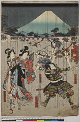 BAMPFA-1919.0962c嘉永０４・04・豊国〈3〉「仁田四郎」「橘造末吉」「近藤忠太」「手越ノ少々」「喜瀬川亀きく」仁田四郎〈3〉嵐　吉三郎、橘造末吉〈〉坂東　橘蔵ヵ、近藤忠太〈1〉中村　翫太郎、手越ノ少々〈3〉藤川　花友ヵ、喜瀬川亀きく〈1〉中村　歌女之丞