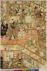 RV-00-1237文化１０・01・国貞〈1〉（「ふきや町　市村座楽屋之図」「三枚つゞき」） 「花井生五郎」「坂東吉次郎」「浅尾万吉」「市川三吉」「市川清次郎」「瀬川吉之助」「藤川友吉」「尾上雷助」「市村竹三郎」「浅尾国蔵」「嵐竜蔵」「嵐勇次郎」「中山岩次郎」 〈〉花井　生五郎、〈〉坂東　吉次郎、〈〉浅尾　万吉、〈〉市川　三吉、〈〉市川　清次郎、〈〉瀬川　吉之助、〈2〉藤川　友吉、〈1〉尾上　雷助、〈0〉市村　竹三郎、〈〉浅尾　国蔵、〈〉嵐　竜蔵、〈1〉浅尾　勇次郎、〈〉中山　岩次郎