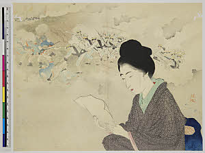 T.ASAHI-54101003-01・武内桂舟手紙を読む女、背景戦争図