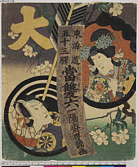 tkjSG445A・豊国〈3〉五十三驛看雙六　（袋絵）静御前<3>岩井　粂三郎、忠信<8>市川　団十郎