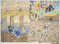 arcEK00-0098明治07・無款「天神社内幻吉五郎住家」「千田塀」「太左衛門橋」「大塩格之助」「●●●吉五郎」「古手屋喜助」「娘お雪」「幻吉五郎」「幻吉五郎」「大塩格之助」「奴三平」「大塩平八郎」大塩格之助〈〉三枡　源之助、●●●吉五郎〈〉、古手屋喜助〈〉市川　猿蔵、娘お雪〈〉？、幻吉五郎〈〉市川　九蔵、幻吉五郎〈〉市川　九蔵、大塩格之助〈〉三枡　源之助、奴三平〈〉嵐　国橘、大塩平八郎〈〉片岡　市蔵