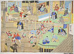 arcEK00-0099明治07・無款「三芳屋住家」「同　奥座鋪」「三芳屋五郎兵衛身替」「阿波座堀」「女房お常」「三芳屋五郎兵衛」「内山彦次郎」「手代久七」「娘お駒」「内山彦次郎」「大塩平八郎」「大塩格之助」「年寄与三郎」「高橋佐左衛門」「三芳屋五郎兵衛」「手代久七」「女房お常」「娘お駒」「大塩平八郎」「大塩格之助」「内山彦次郎」女房お常〈〉坂東　佳女三、三芳屋五郎兵衛〈〉片岡　我久蔵ヵ、内山彦次郎〈〉実川　八百蔵、手代久七〈〉三枡　源之助、娘お駒〈〉？、内山彦次郎〈〉実川　八百蔵、大塩平八郎〈〉片岡　市蔵、大塩格之助〈〉三枡　源之助、年寄与三郎〈〉？、高橋佐左衛門〈〉嵐　美寛ヵ、三芳屋五郎兵衛〈〉片岡　我久蔵ヵ、手代久七〈〉三枡　源之助、女房お常〈〉三枡　源之助、娘お駒〈〉？、大塩平八郎〈〉片岡　市蔵、大塩格之助〈〉三枡　源之助、内山彦次郎〈〉実川　八百蔵