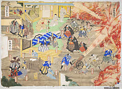 arcEK00-0100明治07・無款「今橋鴻池焼討」「吹田村神主住家」「白洲拷門」「近藤梶五郎」「瀬田済之助」「杉山三平」「大塩弓太郎」「大塩平八郎」「渡辺良左衛門」「庄司義左衛門」「大塩格之助」「大塩平八郎」「大塩格之助」「宮脇甚二郎？」「高橋佐左衛門」「八田又兵衛」「妾お峰」「高橋佐左衛門」「奥方お勇」「娘お次」「堀伊賀守」「内山彦次郎」「杉山三平」「大塩弓太郎」近藤梶五郎〈〉市川　猿蔵、瀬田済之助〈〉市川　猿蔵、杉山三平〈〉嵐　国橘ヵ、大塩弓太郎〈〉実川　実五郎、大塩平八郎〈〉片岡　市蔵、渡辺良左衛門〈〉嵐　国橘、庄司義左衛門〈〉？、大塩格之助〈〉三枡　源之助、大塩平八郎〈〉片岡　市蔵、大塩格之助〈〉三枡　源之助、宮脇甚二郎？〈〉？、高橋佐左衛門〈〉嵐　美寛ヵ、八田又兵衛〈〉市川　団若ヵ、妾お峰〈〉？、高橋佐左衛門〈〉嵐　美寛ヵ、奥方お勇〈〉坂東　佳女三、娘お次〈〉尾上　多賀之丞、堀伊賀守〈〉実川　菊蔵、内山彦次郎〈〉実川　八百蔵、杉山三平〈〉嵐　国橘ヵ、大塩弓太郎〈〉実川　実五郎