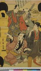 arcUF0045b享和０３・・豊国〈1〉（「江戸芝居三階之図」）〈1〉岩井　粂三郎、〈3〉坂東　三津五郎、〈〉?、〈1〉嵐　冠十郎
