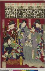 arcUP7795明治１７・周延「惣役者大☆　さうやくしやおほみたてきゆうきんづけ」（「おかる　岩井松之助」「仁木　市川九蔵」「閑心　市川寿美蔵」「政岡　尾上多賀之丞」「現八　沢村訥子」）おかる〈4〉岩井　松之助、仁木〈3〉市川　九蔵、閑心〈5〉市川　寿美蔵、政岡〈2〉尾上　多賀之丞、現八〈7〉沢村　訥子