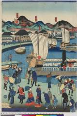 arcUP8160明治０４・・長谷川貞信〈2〉（「摂州　神戸海岸繁栄之図」「三枚続」）「なだ」「甲山」「岡本」「御影山」「伝信機」