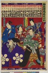 arcUP8868明治１５・周重「給金附見立太功記」「春永　助高屋高助」「十次郎　坂東家橘」「初菊　沢村田之助」「左枝利家　嵐璃寛」「鈴木孫市　中村宗十郎」春永〈4〉助高屋　高助、十次郎〈1〉坂東　家橘、初菊〈3〉沢村　田之助、左枝利家〈4〉嵐　璃寛、鈴木孫市〈3〉中村　宗十郎
