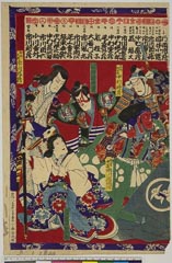 arcUP8870明治１５・周重（「給金附見立太功記」）「佐久間玄番　市川左団次」「あわの局　岩井半四郎」「柴田作兵衛　中村時蔵」「らん丸　片岡我童」「松永大膳　市川九蔵」佐久間玄番〈1〉市川　左団次、あわの局〈8〉岩井　半四郎、柴田作兵衛〈1〉中村　時蔵、らん丸〈3〉片岡　我童、松永大膳〈3〉市川　九蔵