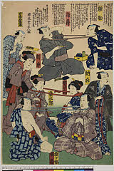 arcUP9792・・（「三芝居役者芸競」）「雛助」「訥升」「鶴蔵」「菊次郎」「権十郎」「市蔵」「粂三郎」「新車」「吾妻屋紫水」〈7〉嵐　雛助、〈2〉沢村　訥升、〈1〉中村　鶴蔵、〈2〉尾上　菊次郎、〈1〉河原崎　権十郎、〈3〉市川　市蔵、〈3〉岩井　粂三郎、〈1〉市川　新車