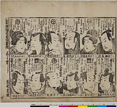 shiUY0198安政０３・・広国「三芝居惣役者給金附」〈2〉片岡　我童、〈1〉吾妻　市之丞、〈2〉浅尾　与六、〈1〉大谷　友松、〈3〉沢村　源之助、〈3〉岩井　粂三郎、〈1〉河原崎　権十郎、〈5.5〉市川　団三郎、〈〉中村　島蔵、〈2〉大谷　徳次、〈7〉市川高麗蔵、〈4〉坂東　彦三郎