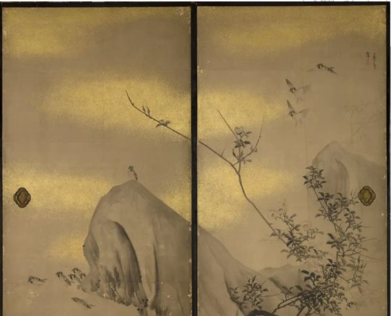 「雀に薔薇」長澤蘆雪（江戸）
