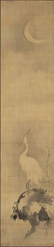 「半月白鷺図」狩野常信（江戸）