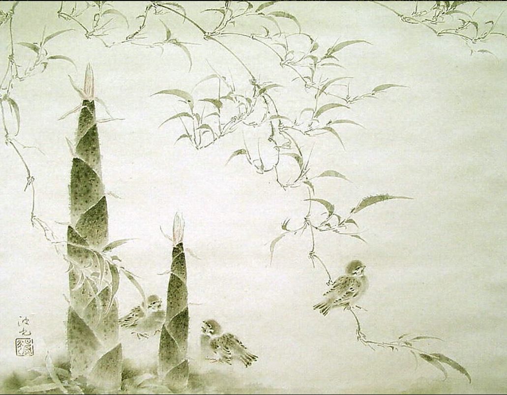 「若竹と子雀」入江波光（昭和）