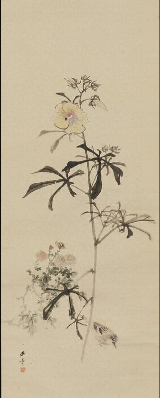 「黄蜀葵に雀図」川端玉章（明治）